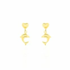 Histoire D'Or Boucles D'oreilles Pendantes Fulvie Coeurs Et Dauphin Or Jaune